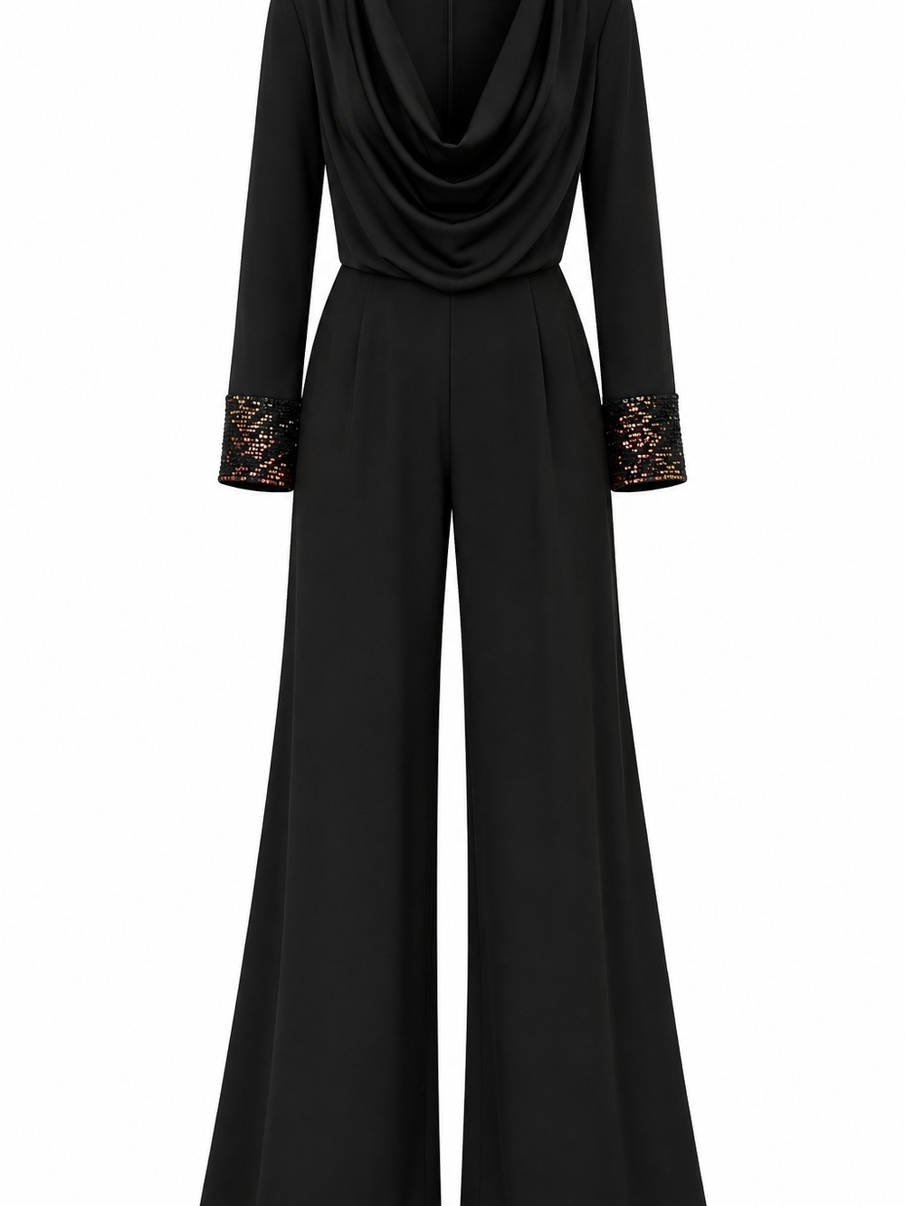 Aakaa Black Cowl-Neck Jumpsuit with Sequin Cuffs